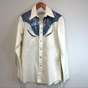 Vintage Denver Pearl Snap Ivory & Blue Western Button Down